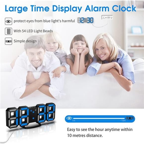 3D LED Wall Clock,8.4" Digital Wall Clock,LED Clock with 3 Adjustable Brightness - Picture 4 of 7